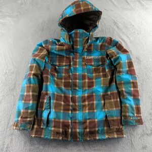 Burton Jacket Youth Large 14/16 Brown Blue Plaid Hooded DRYRIDE Snowboard Coat